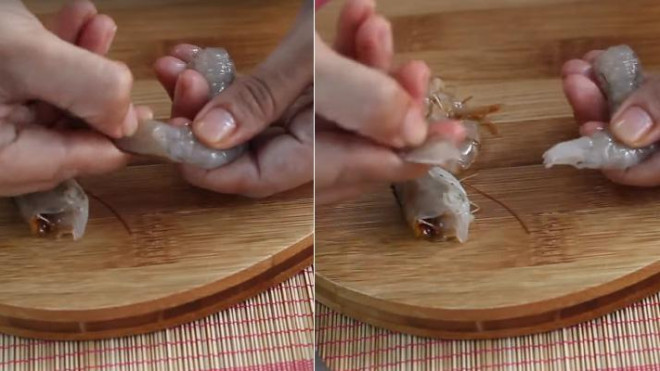 Không cần bóc vỏ, chỉ đen trên lưng tôm được lấy ra một cách cực dễ chỉ bằng 1 que tăm nhỏ - 3