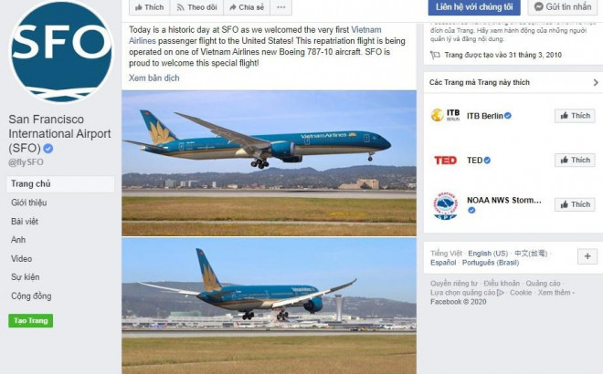 Thông tin về chuyến bay của Vietnam Airlines trên website của sân bay San Francisco