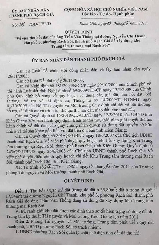 Quyết định thu hồi đất của UBND TP Rạch Giá (tỉnh Kiên Giang).