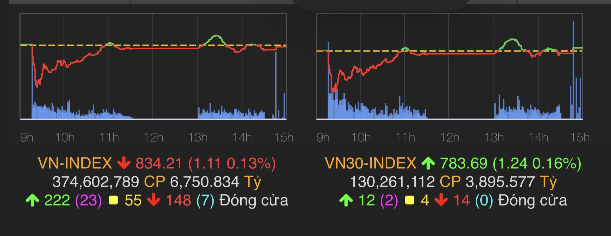 VN-Index giảm nhẹ 1,11 điểm (0,13%) xuống 834,21 điểm.