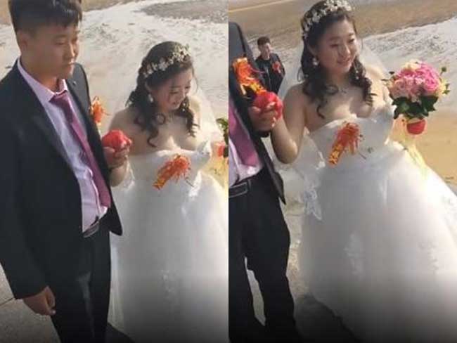 Ở Trung Quốc, một cô dâu cũng bị chê bai vì trót yêu kiểu áo cưới lộ ngực.
