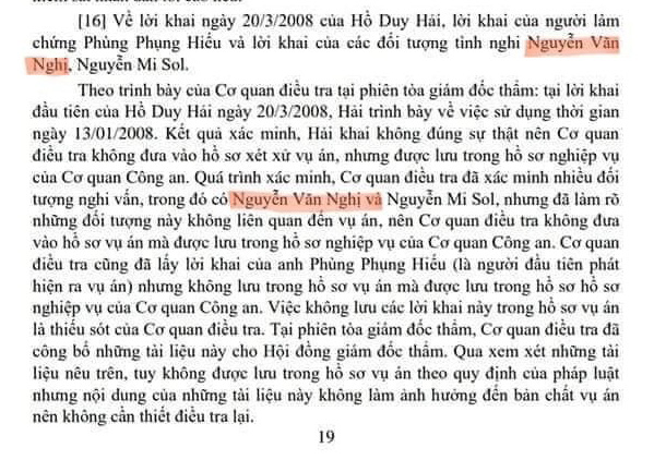 Trang 19 trong Quyết định của Hội đồng thẩm phán Tòa án Nhân dân tối cao vẫn nhắc tới Nguyễn Văn Nghị.