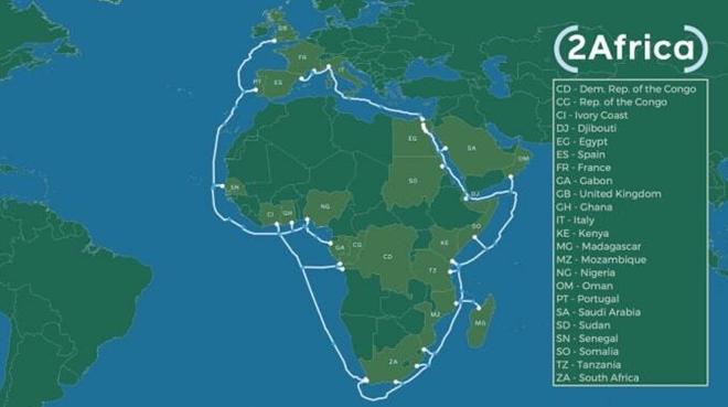 Bản đồ tuyến cáp quang biển&nbsp;2Africa bao quanh châu Phi.