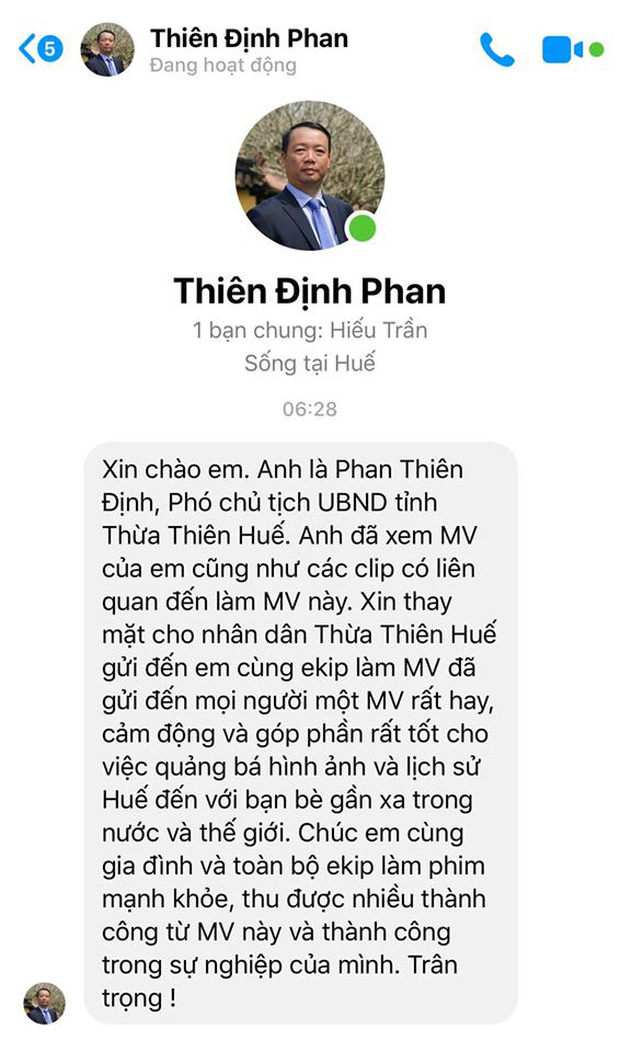 Tin nhắn Phó Chủ tịch UBND tỉnh Thừa Thiên Huế gửi lời cảm ơn và chúc mừng tới Hòa Minzy và ê-kíp của cô