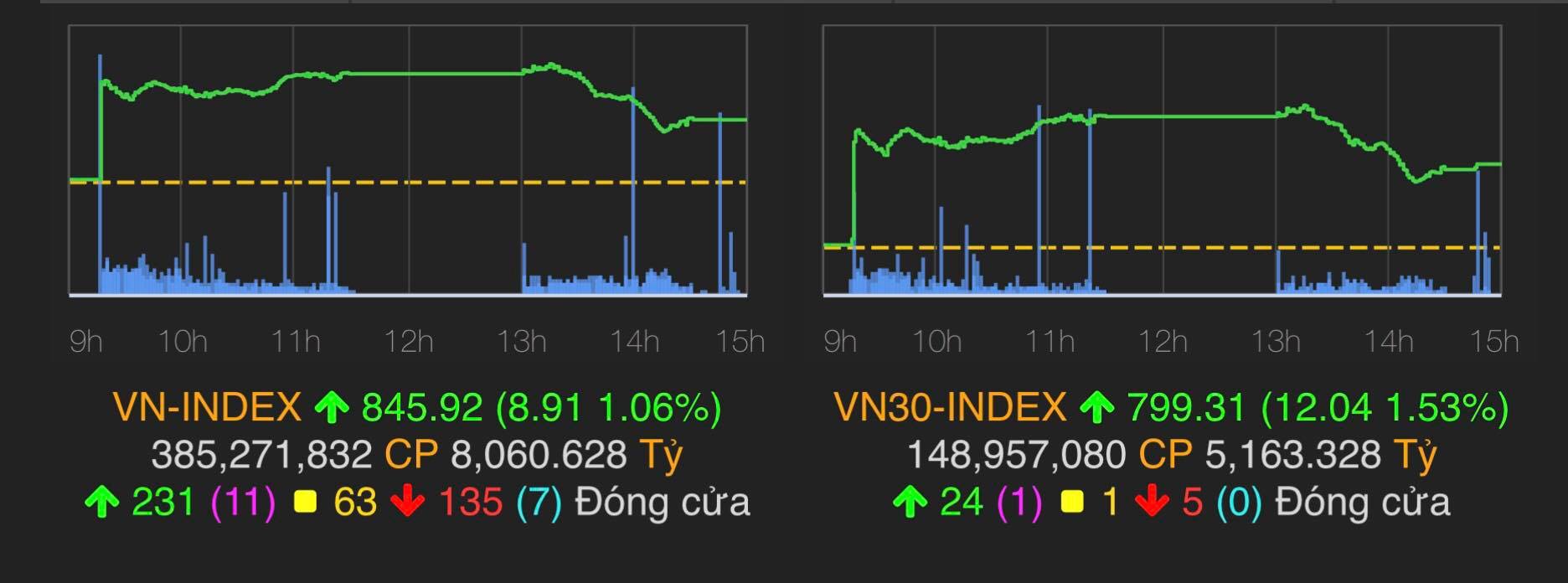 Chỉ số VN-Index tăng 8,91 điểm (1,06%) lên 845,92 điểm.