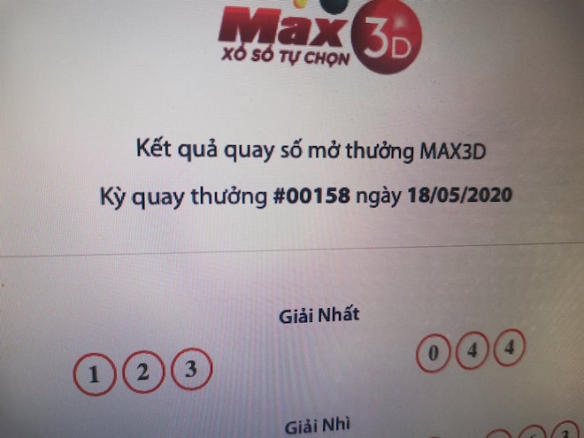 Vé trúng thưởng 19 tỉ đồng chứa hai bộ số trùng khớp với bộ số 123 và 044 của sản phẩm Max 3D+ tại kỳ quay #00158.