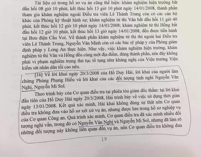 Trang 19 và 21 của Quyết định số 05/2020/HS-GĐT ngày 8/5/2020 về Kết quả phiên giám đốc thẩm xét xử Vụ án Hồ Duy Hải, do Hội đồng thẩm phán - TAND tối cao - ban hành, cũng ghi rất rõ tên Nguyễn Văn Nghị liên quan trong vụ án, không hề nhắc tên Nguyễn Hữu Nghị. Ảnh: T.L