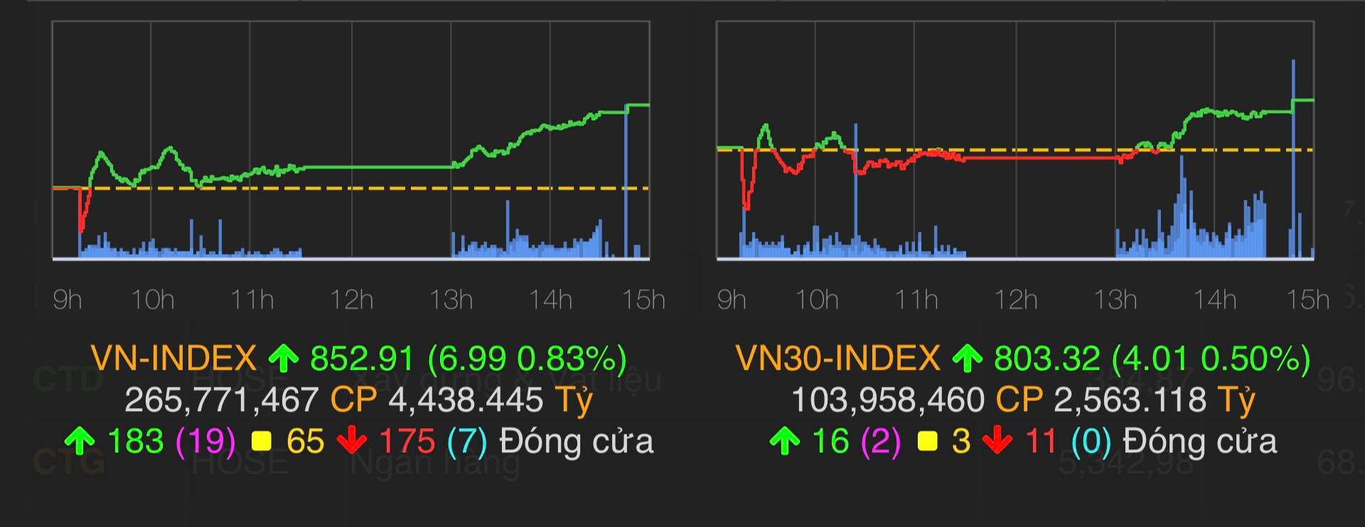 VN-Index tăng 6,99 điểm (0,83%) lên 852,91 điểm