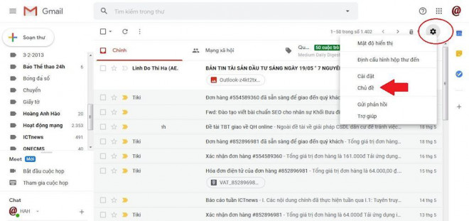 Khi sử dụng Gmail trên máy tính (mail.google.com), để chuyển đổi phông nền chúng ta bấm vào biểu tượng bánh răng cưa và chọn mục "Chủ đề" (Theme).