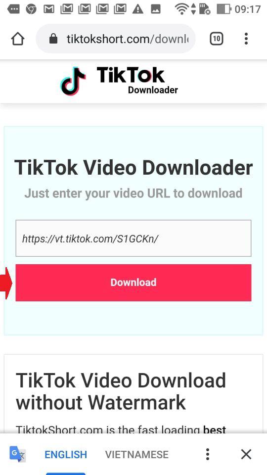 Mọi người cũng có thể dùng công cụ web, như công cụ ở địa chỉ tiktokshort.com/download. Ở đó chúng ta cũng lấy đường dẫn video TikTok rồi dán vào, sau đó chọn "Download".