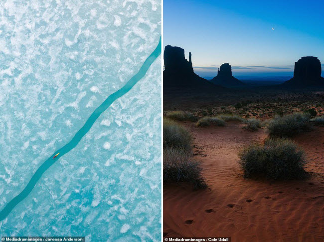 Bức ảnh được chụp bởi nhiếp ảnh gia Janessa Anderson ở Alaska, Mỹ (trái). Cole Udall ghi lại vẻ đẹp của Thung lũng Monument ở bang Arizona, Mỹ (phải).
