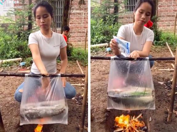 Cô gái nấu cá bằng túi nilong trên đám lửa khiến dân mạng cực bất ngờ.