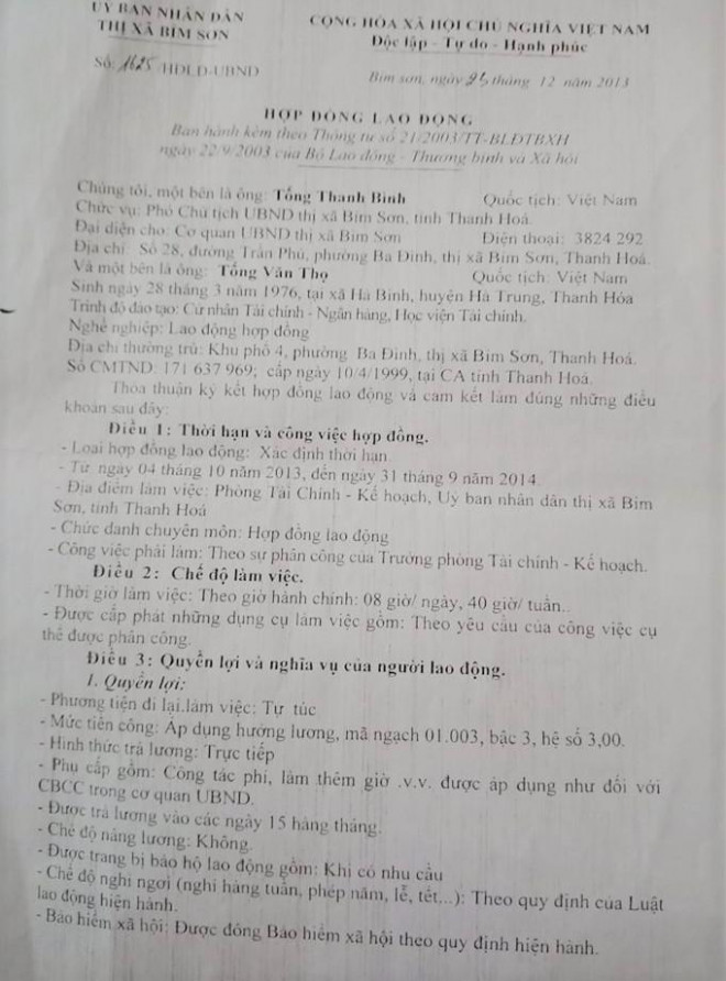 Mặc dù ký hợp đồng lao động 1 năm với thị xã Bỉm Sơn, chức danh nghề nghiệp của ông Tống Văn Thọ là lao động hợp đồng...