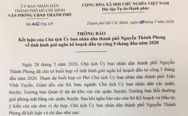 Thông báo kết luận của Chủ tịch UBND TP.HCM Nguyễn Thành Phong