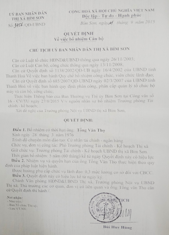 Quyết định bổ nhiệm ông Tống Văn Thọ làm Trưởng phòng Tài chính - Kế hoạch năm 2015 của Chủ tịch UBND thị xã Bỉm Sơn sẽ bị thu hồi do thời điểm bổ nhiệm ông Thọ chưa đảm bảo các quy định