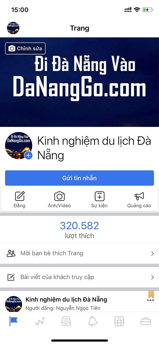 Trang Fb: Kinh nghiệm du lịch Đà Nẵng&nbsp; - https://www.facebook.com/kinhnghiemdulichdanang.vn có những bài viết thu hút rất nhiều lượt tương tác.