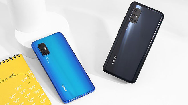 Hai phiên bản màu sắc khác nhau của vivo V19 Neo trên kệ Thế Giới Di Động.