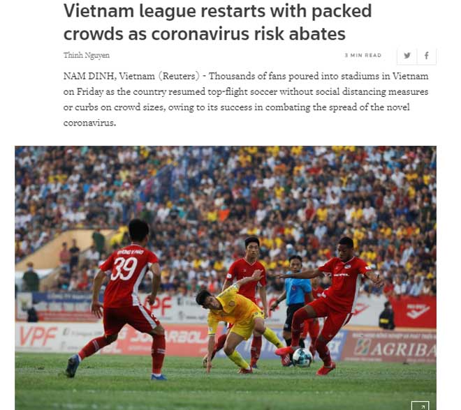 Hãng thông tấn danh tiếng Reuters sửng sốt khi V-League trở lại, trong đó trận Nam Định - Viettel&nbsp;thu hút gần 30.000 fan tới sân