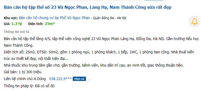 Không khó để tìm thấy những tin rao bán căn hộ tập thể cũ có sự chênh lệch về diện tích sử dụng và diện tích trong sổ đỏ - Ảnh chụp màn hình