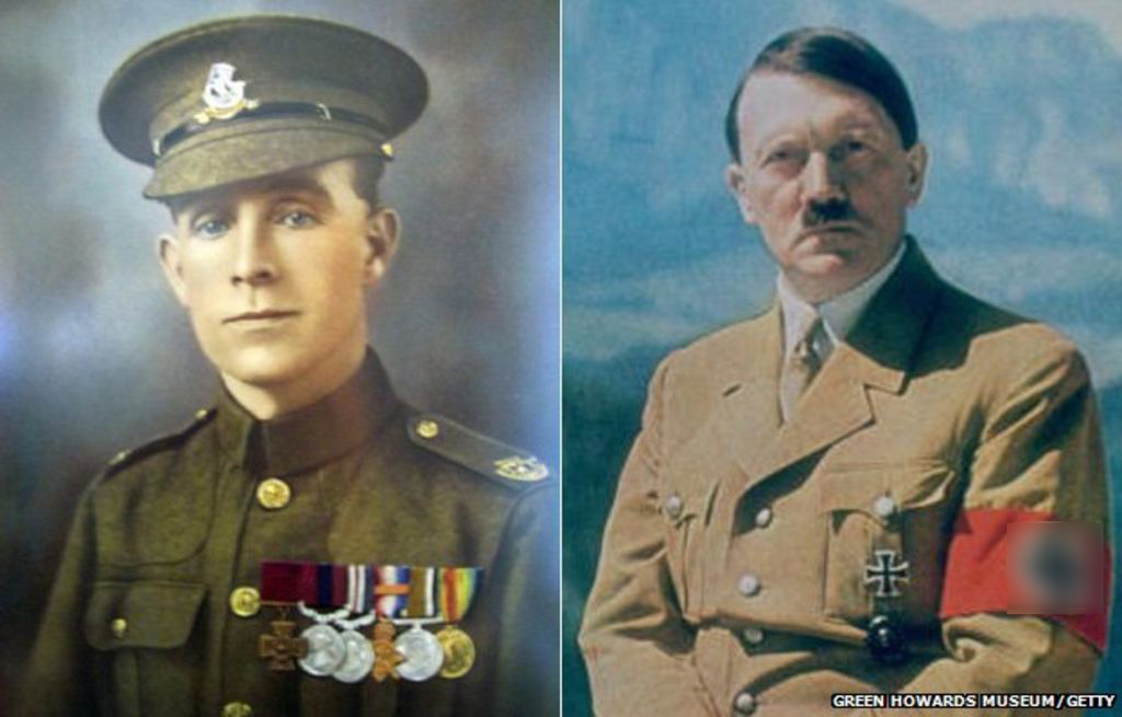 Binh sĩ Anh&nbsp;Henry Tandey (trái) và&nbsp;Adolf Hitler. Ảnh: Getty