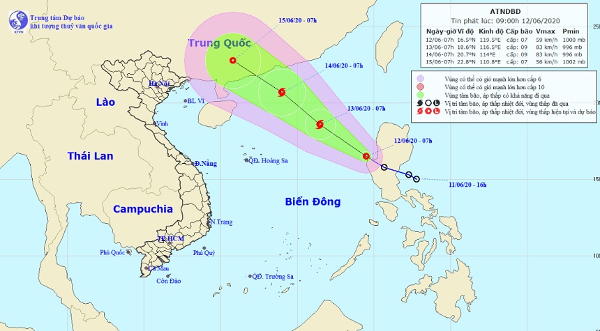 Vị trí và hướng di chuyển tiếp theo của áp thấp nhiệt đới trên Biển Đông. Ảnh Trung tâm Dự báo KTTVQG.