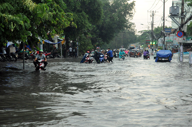 Trận mưa kéo dài hơn 1 giờ khiến nhiều tuyến đường ngập lênh láng. Trong đó, nhiều khu vực ở quận Bình Tân như: Mã Lò, Phan Anh, Tô Hiệu, Tên Lửa… bị ngập nặng.