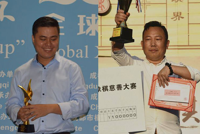 Lại Lý Huynh (trái) thắng 5, hòa 3, thua 2 trong 10 ván đối đầu với "Vua cờ giang hồ" Lưu Tông Trạch (phải) vào ngày 14/6