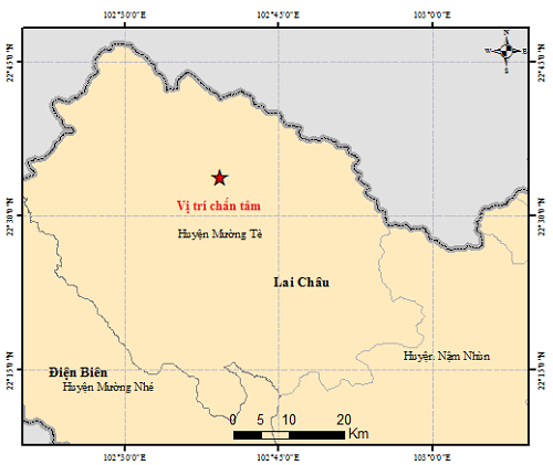 Vị trí tâm chấn của trận động đất chiều nay ở Lai Châu. Nguồn: Trung tâm báo tin động đất và cảnh báo sóng thần.