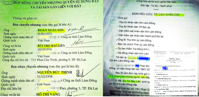 Giấy nợ trong đó có ông Sơn (chồng bà Liên) ký tên và nhiều đơn tố cáo hành vi lừa đảo.