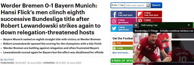 Daily Mail chúc mừng chiến công xứng đáng của "Hùm xám" Bayern Munich