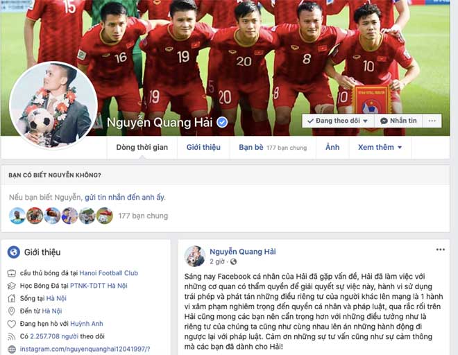 Quang Hải xác nhận vừa bị hack Facebook nhưng đã lấy lại quyền kiểm soát trang cá nhân và đang nhờ cơ quan chức năng vào cuộc