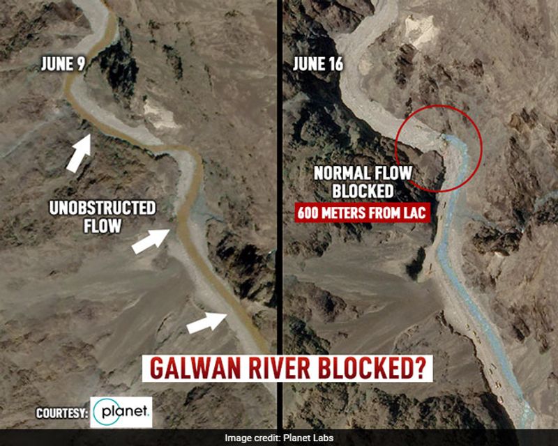 Hình ảnh vệ tinh tiết lộ quá trình chặn sông Galwan của Trung Quốc. Ảnh bên phải cho thấy Trung Quốc đã chặn xong dòng chảy, khiến nước không thể chảy về phía Ấn Độ (ảnh: Hindustan Times)