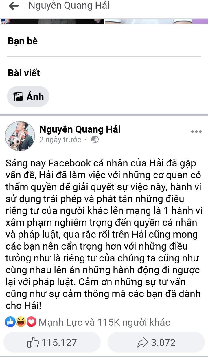 Bài đăng của Quang Hải nhận được hàng trăm nghìn lượt like, bình luận và chia sẻ.