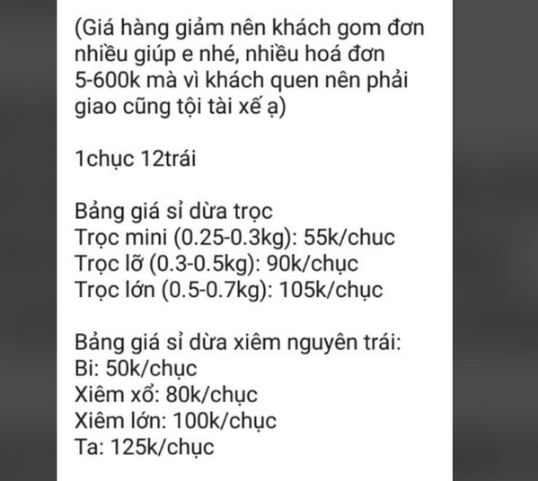 Bảng giá dừa xiêm và dừa ta được một đầu mối bán sỉ công bố