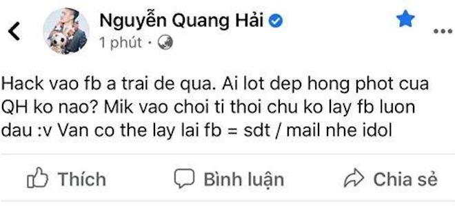 Dòng trạng thái do hacker đăng tải bằng chính tài khoản của Quang Hải.