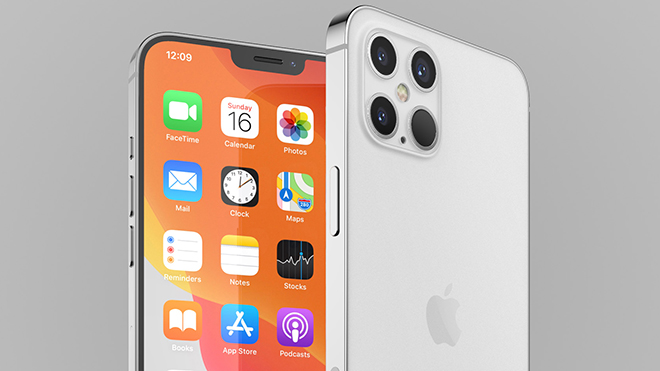 Ảnh concept iPhone 12 Pro với 4 camera sau, các cạnh màn hình vuông.