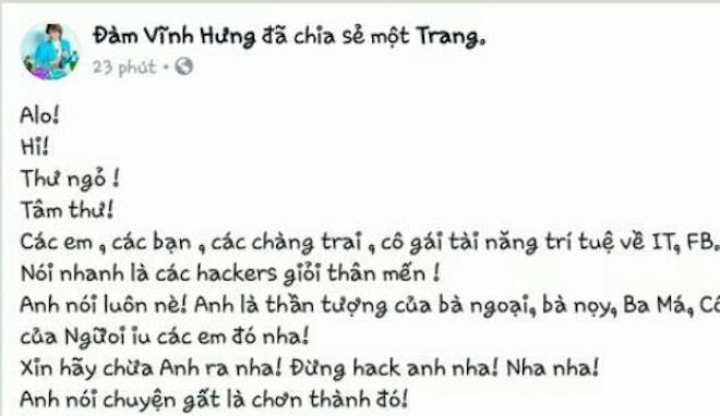 Đàm Vĩnh Hưng gay gắt lên án hacker tấn công tài khoản Facebook của mình.