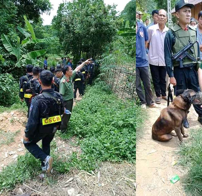 Cảnh sát vũ trang cùng&nbsp;chó nghiệp vụ được huy động để truy bắt nghi phạm giết người.