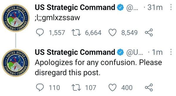 USSTRATCOM sau đó xin lỗi vì dòng "mật mã". Ảnh: Twitter.