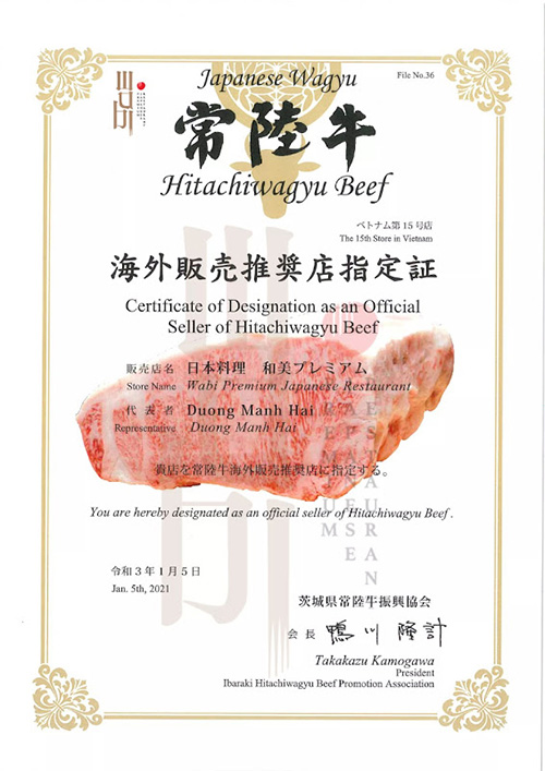 Giấy chứng nhận nhà hàng Wabi Premium cung cấp bò&nbsp;Hitachi&nbsp;đạt chuẩn cấp bởi Hiệp hội xúc tiến Bò Hitachi tỉnh Ibaraki