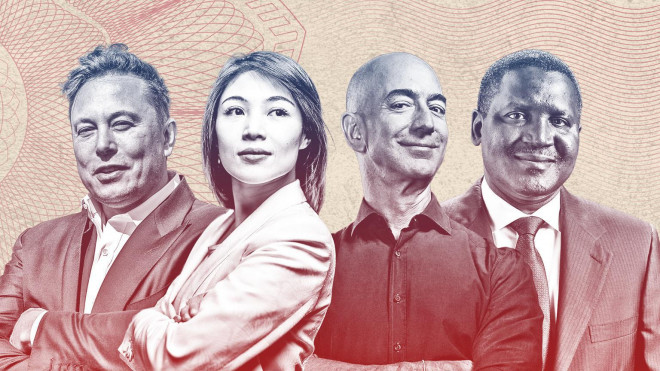 Những gương mặt tỷ phú tiêu biểu năm vừa qua: Elon Musk, Kate Wang, Jeff Bezos và Aliko Dangote.