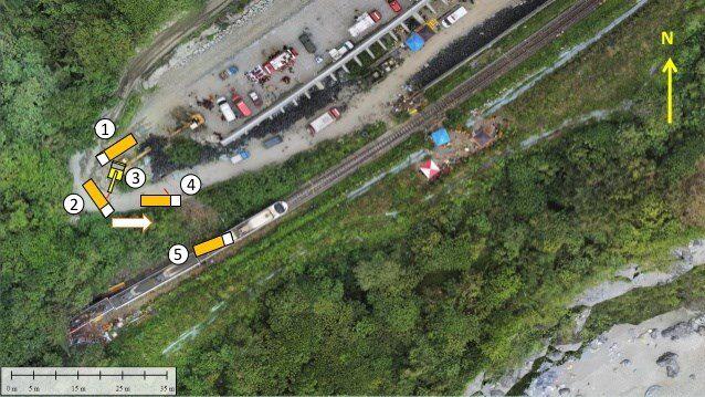 Hình ảnh do Ban An toàn Giao thông Đài Loan cung cấp cho thấy trình tự diễn biến xe tải gắn cẩu trượt từ công trình phía trên xuống đường ray (từ 1 đến 5)