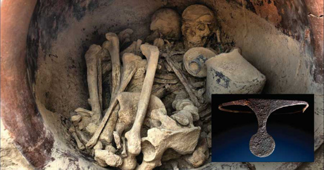 Cận cảnh mộ cổ của đôi nam nữ và vật trông như một chiếc vương miện cổ đại trên đầu cô gái (ảnh nhó) - Ảnh: Antiquity