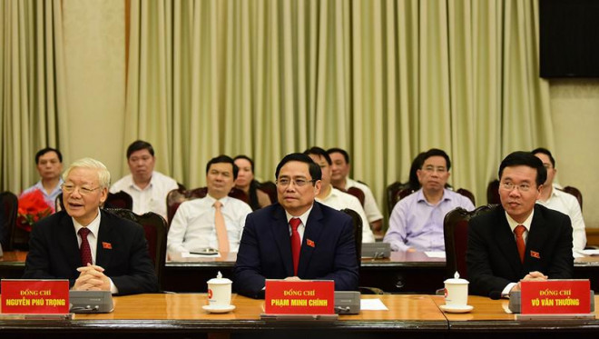 Tổng Bí thư Nguyễn Phú Trọng cùng các lãnh đạo Đảng và Nhà nước tại buổi lễ. Ảnh: CTV