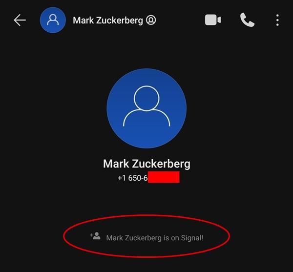 Ảnh chụp màn hình cho thấy số điện thoại của Mark Zuckerberg và việc anh đang dùng ứng dụng Signal. Ảnh: Dave Walker.