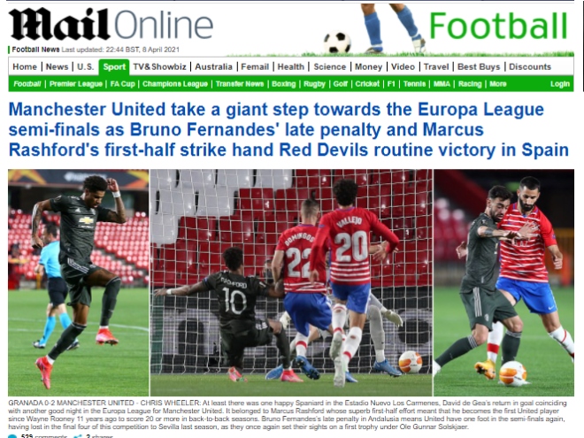 Truyền thông Anh tự tin khẳng định MU đã đặt một chân vào bán kết Europa League