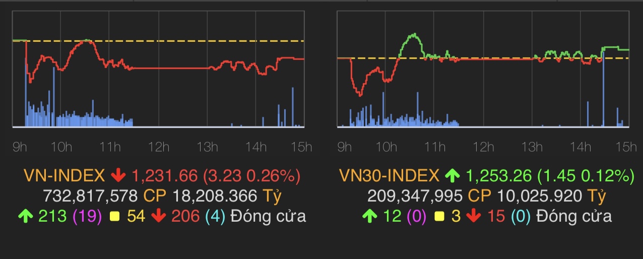 VN-Index giảm 3,23 điểm (0,26%) xuống 1.231,66 điểm