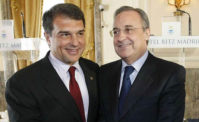 Joan Laporta (trái) và Florentino Perez rất có duyên đối đầu nhau khi làm Chủ tịch của Barca và Real