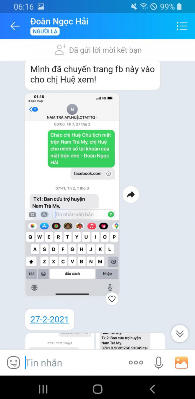 Tin nhắn ông Đoàn Ngọc Hải trao đổi với phóng viên Báo Người Lao Động. Ông Hải cho biết đã gửi bài viết (ảnh trên) cho bà Nguyễn Thị Huệ xem