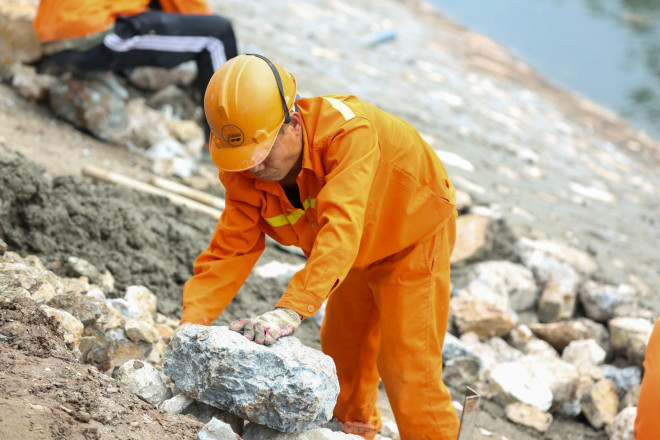 Công nhân đang tiến hành lắp đặt ống thu gom nước thải trên bờ khu vực đường Hoàng Quốc Việt, Nguyễn Khang.